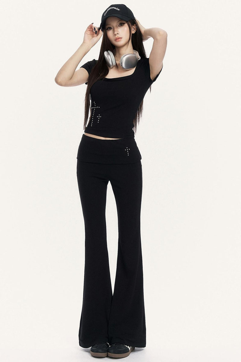 Cross Hot Studs Slim Top + Flare Pants