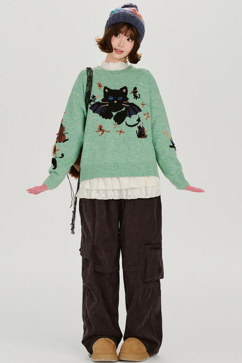 Cat Jacquard Retro Pullover Top