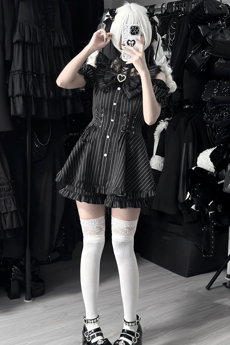 Black / Striped Gothic Lace Ribbon Dress Set