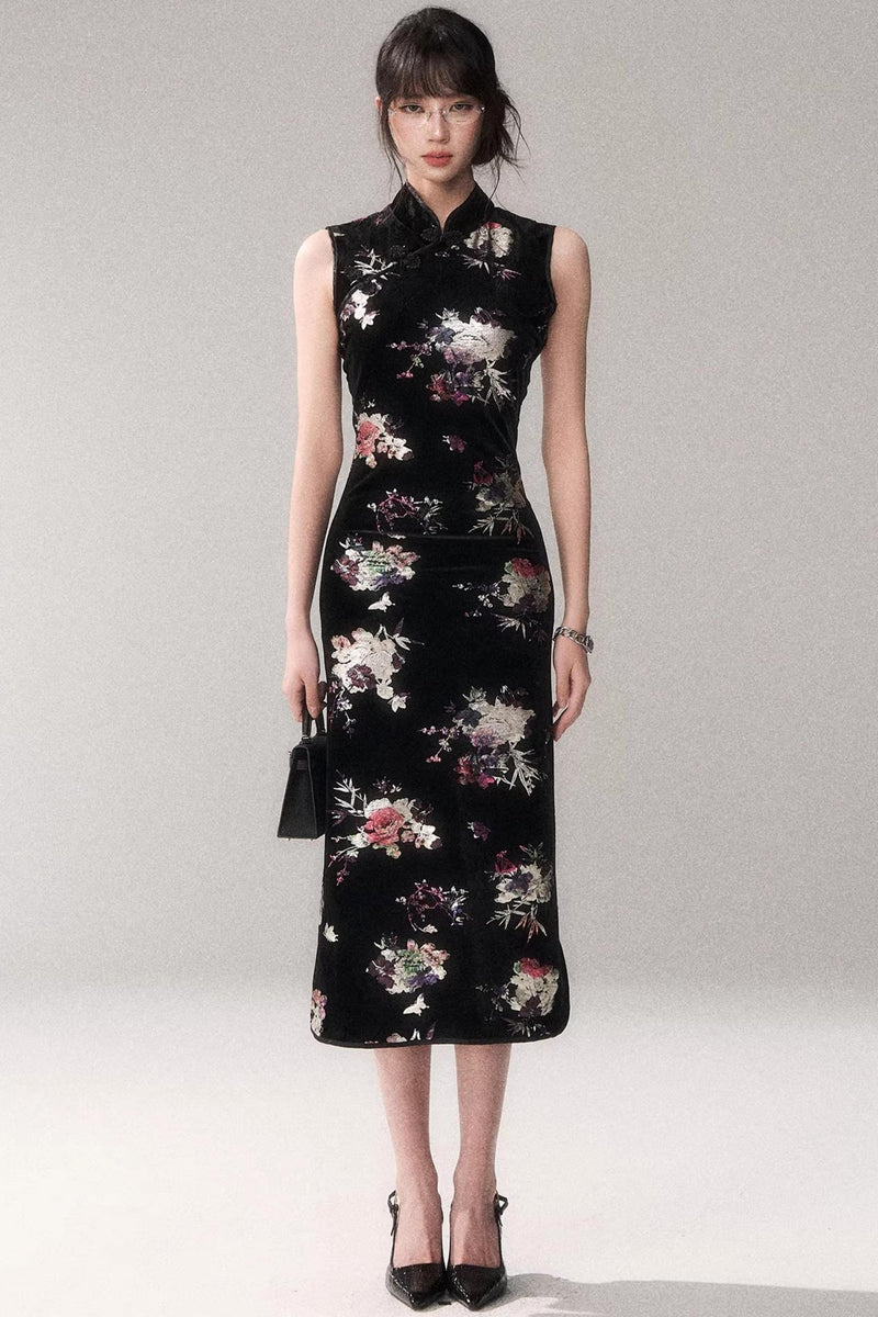 Gold Embellished Velvet Cheongsam Dress