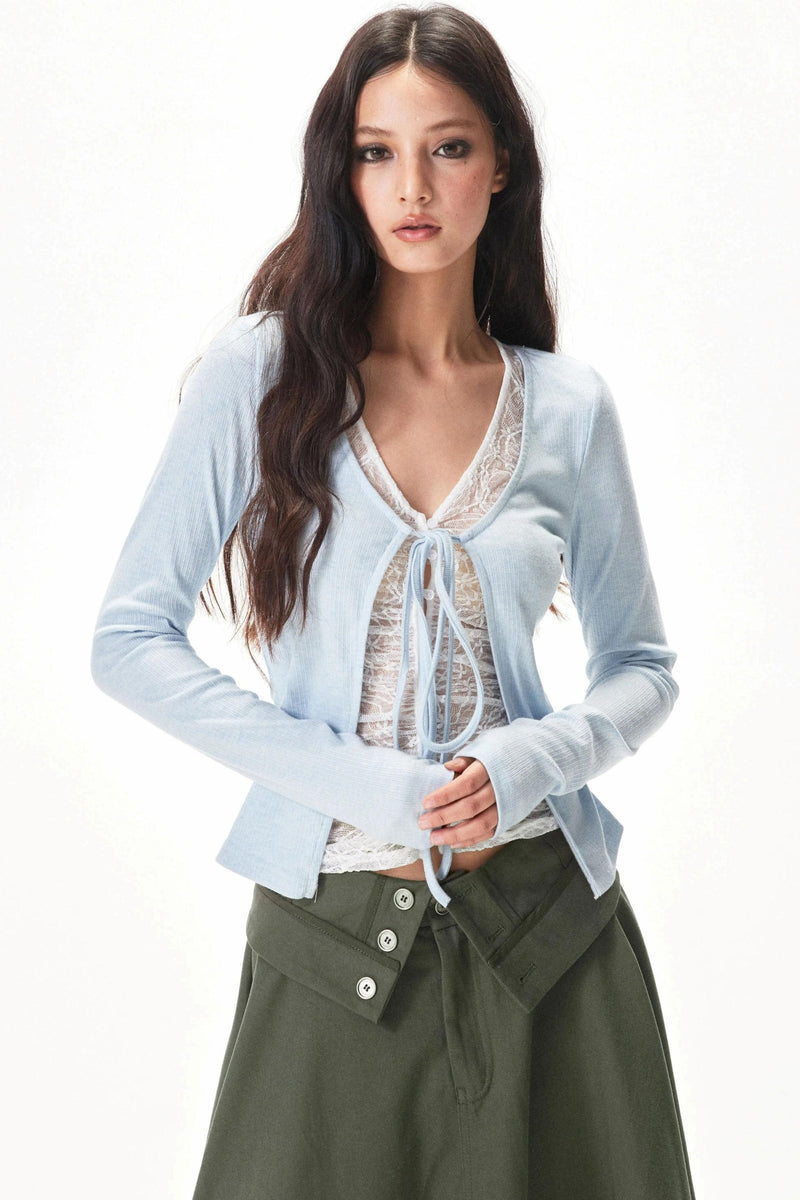Fine Ribbed Knit Lace Blouse