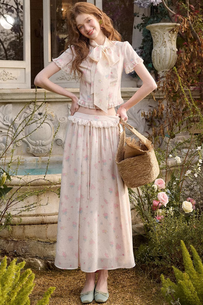 Mediterranean Print Chiffon Top + Skirt
