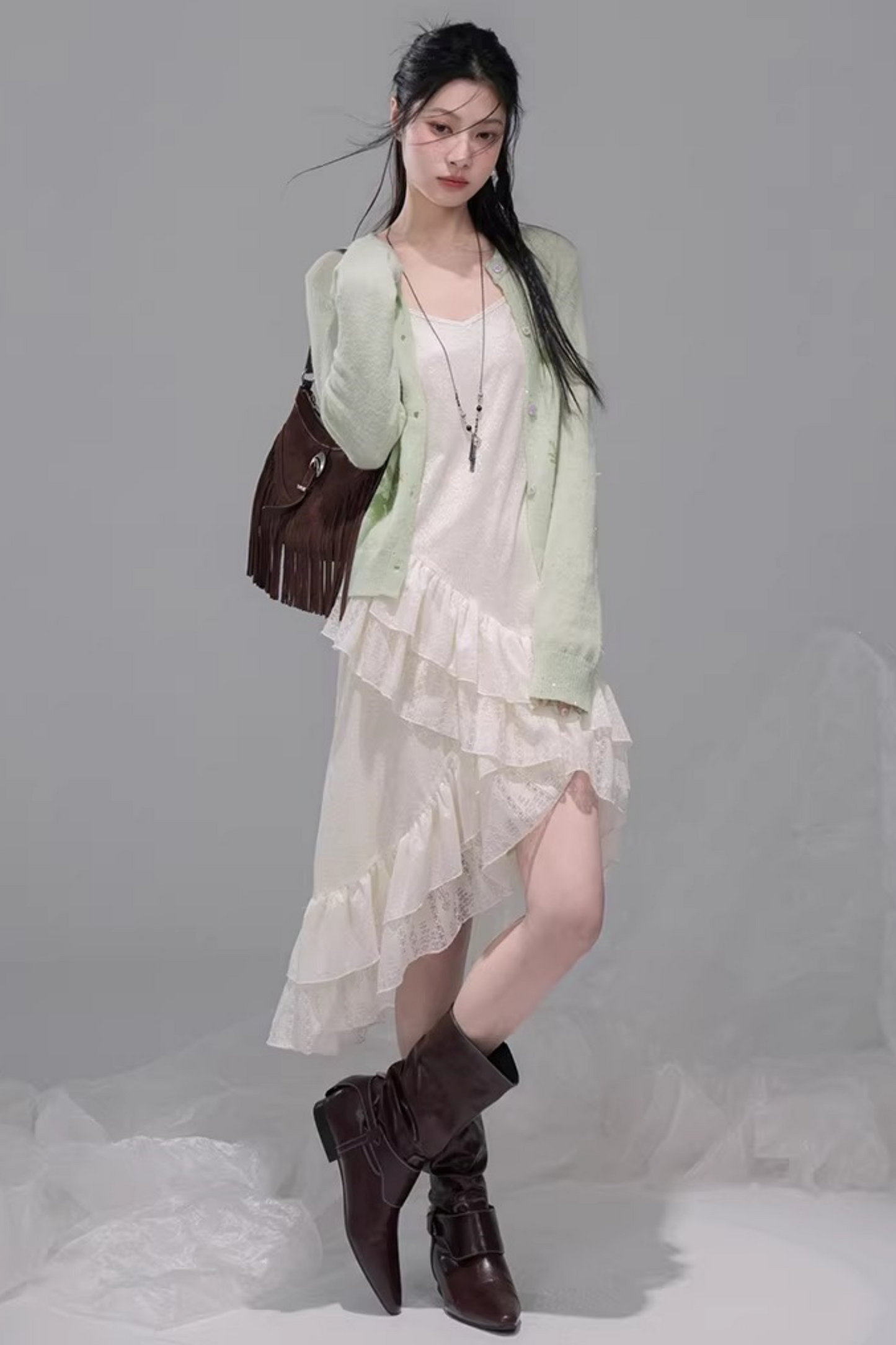 Asymmetrical Layered Ruffle Camisole Dress + Cardigan