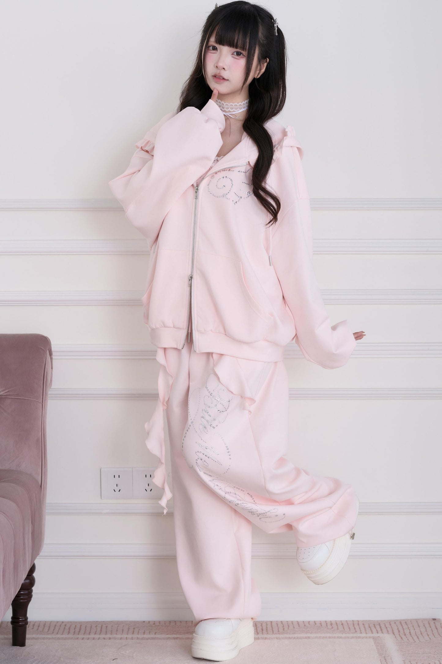 Lace Subculture Hooded Sweatshirt + Camisole + Shorts + Long Pants