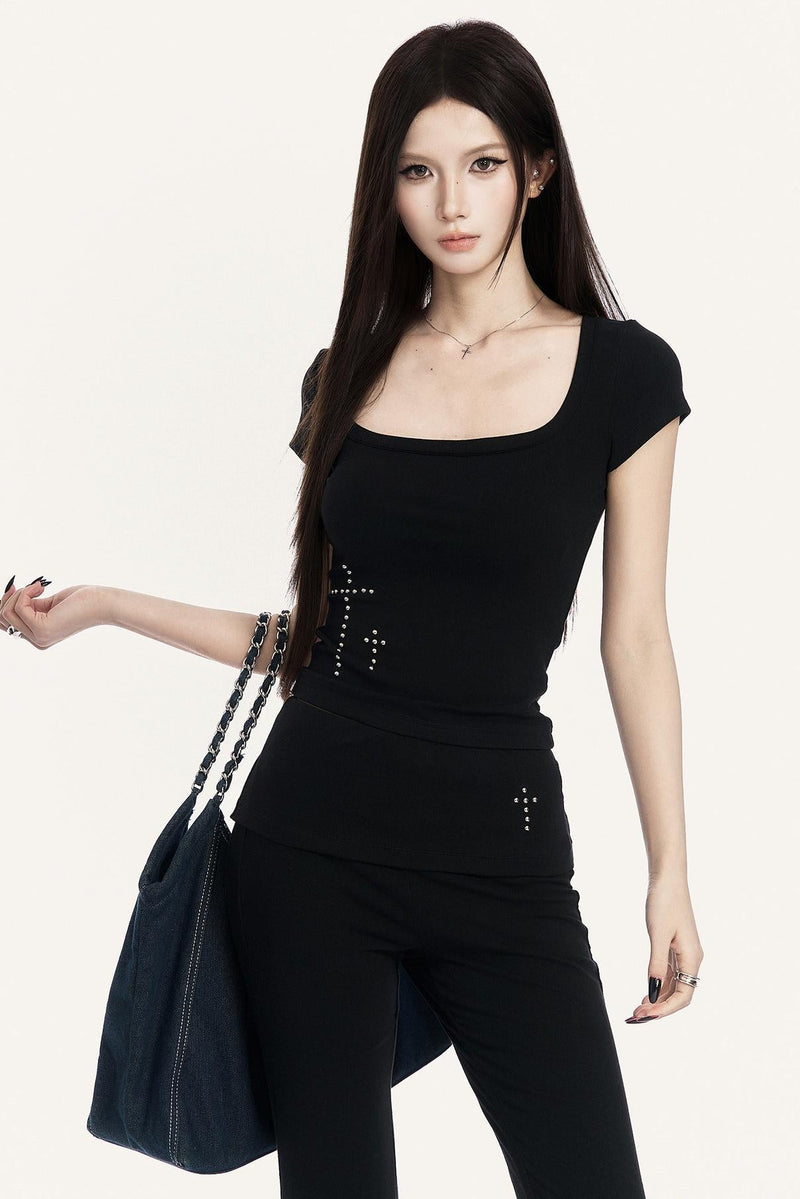 Cross Hot Studs Slim Top + Flare Pants