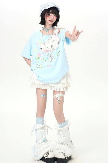 Sweet Cat Off-shoulder Strap Top