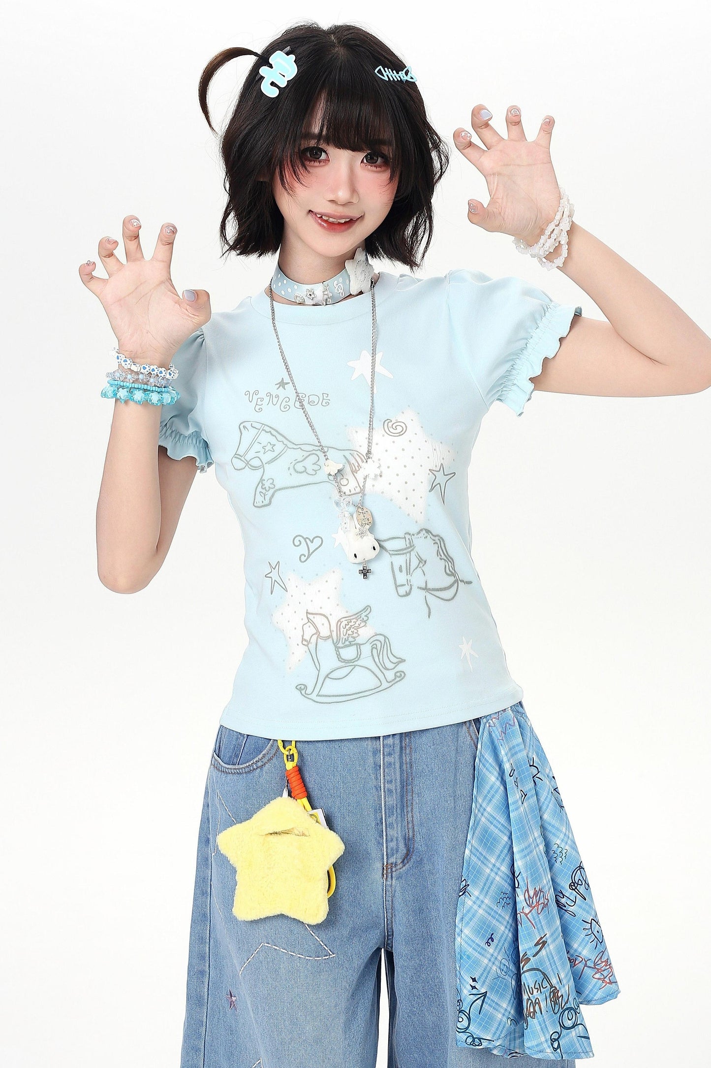 Starry Print Girly Puff Sleeve Top