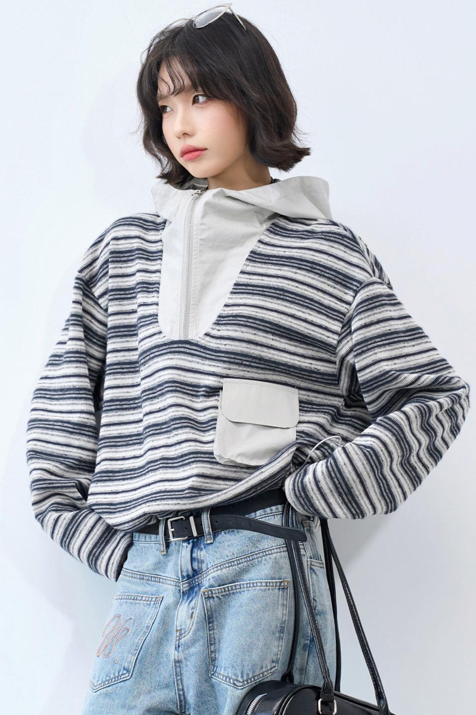 Striped Loose Hooded Cropped Top