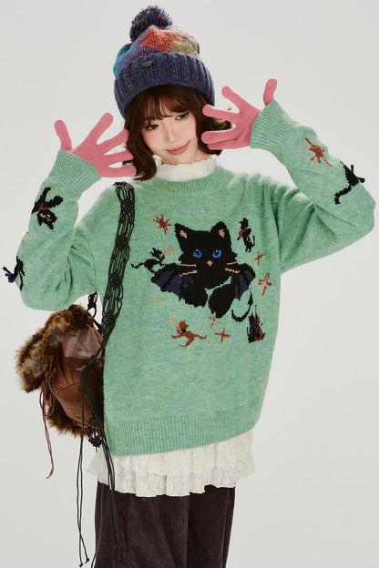 Cat Jacquard Retro Pullover Top