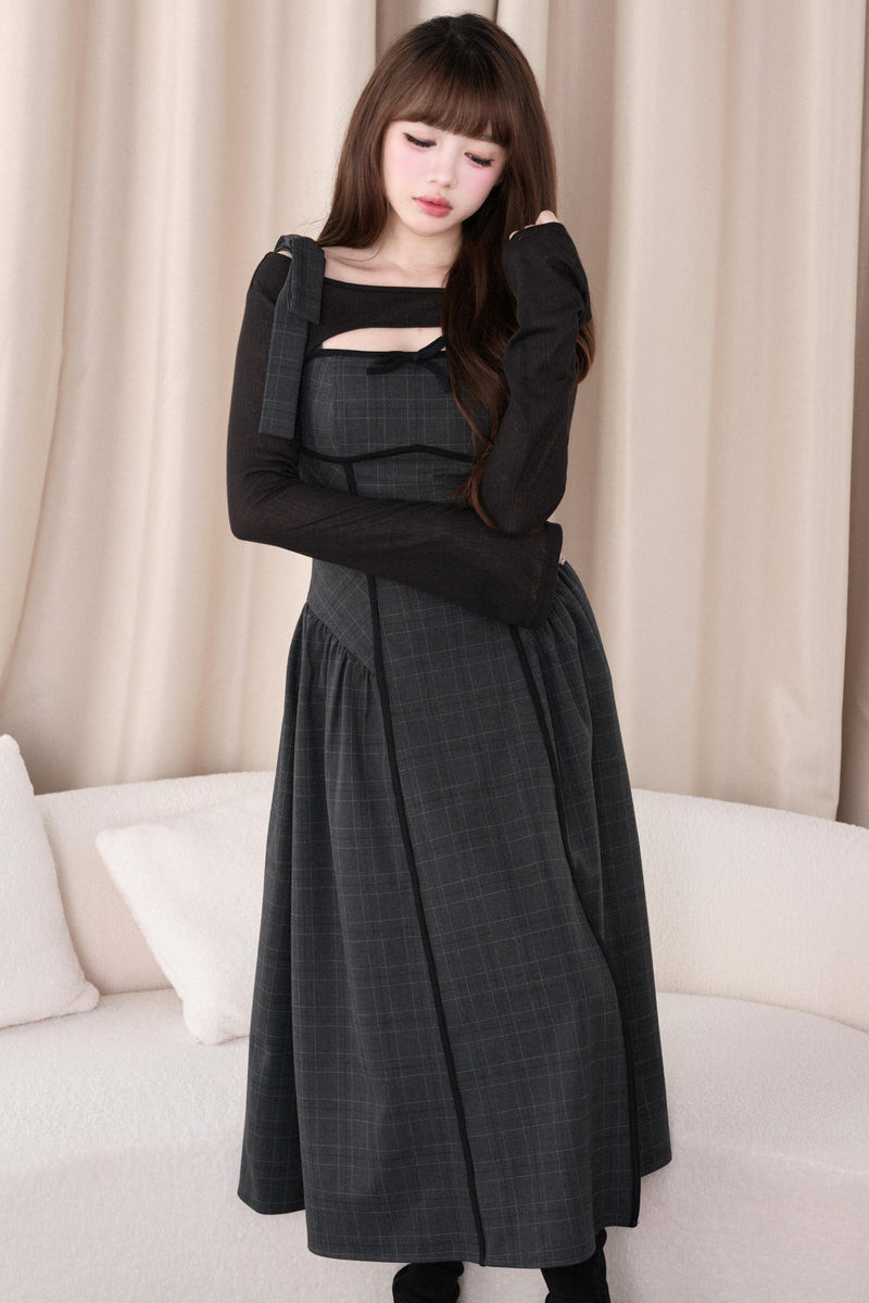 Black Top + Ribbon Shoulder Plaid Jsk Dress Set