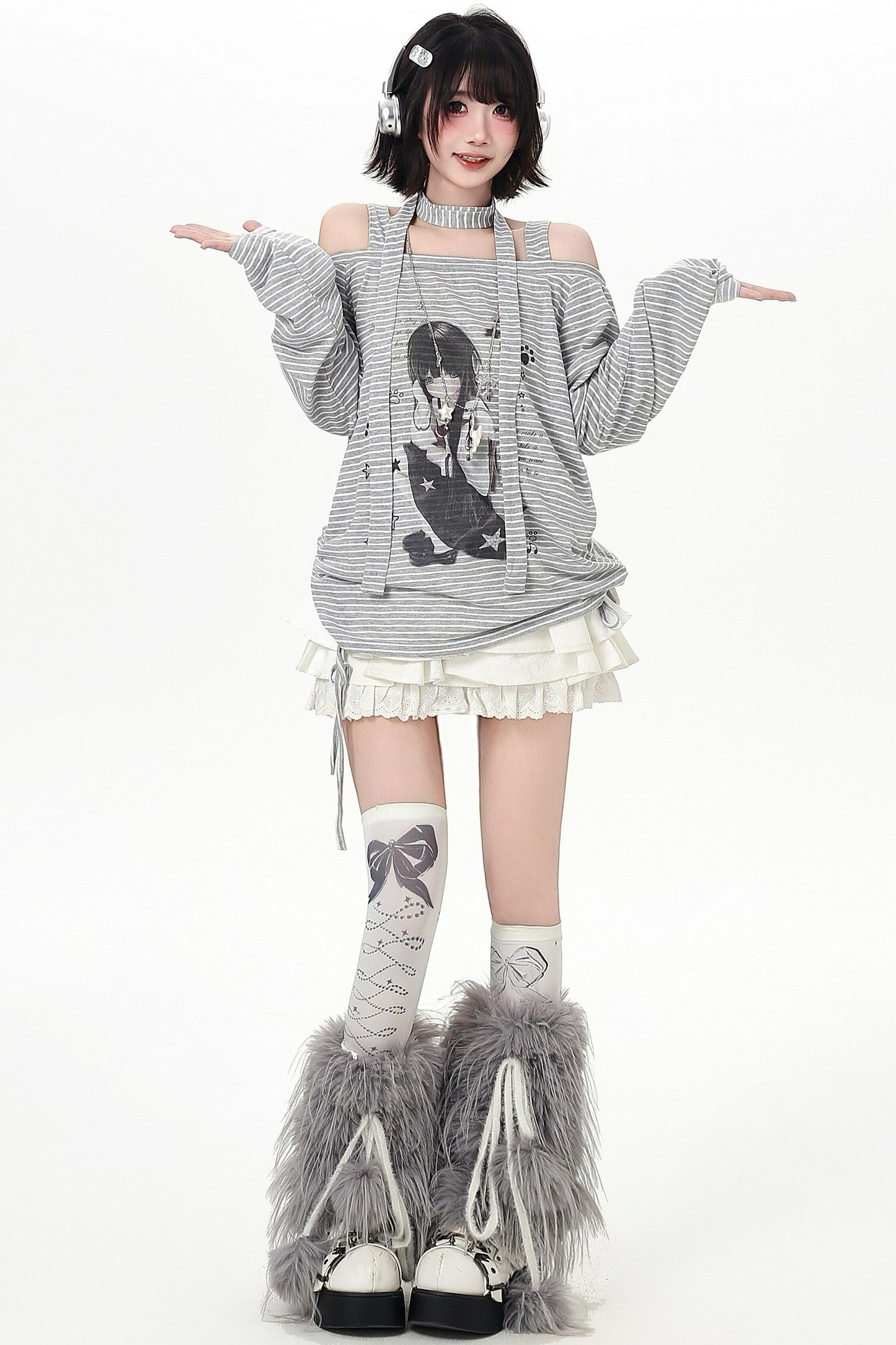 Stripe Off-shoulder Drawstring Loose Long T-shirt (with Stole)