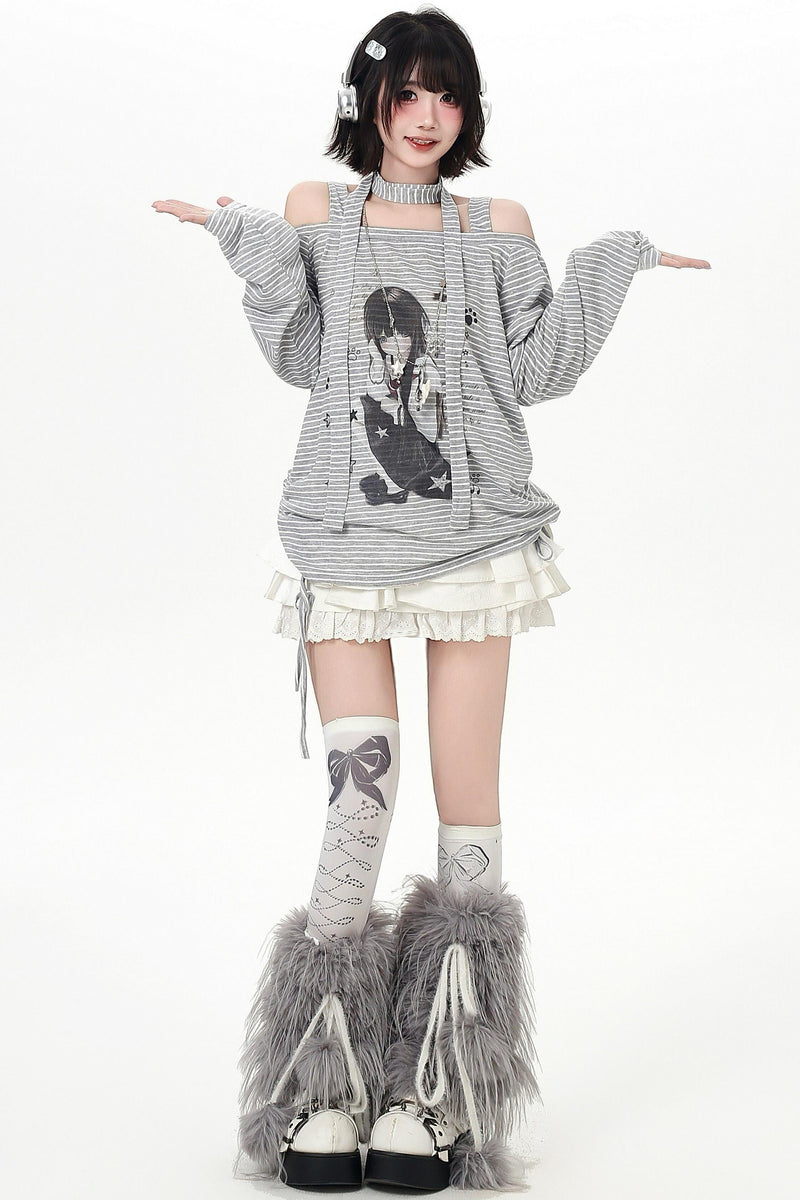 Stripe Off-shoulder Drawstring Loose Long T-shirt (with Stole)