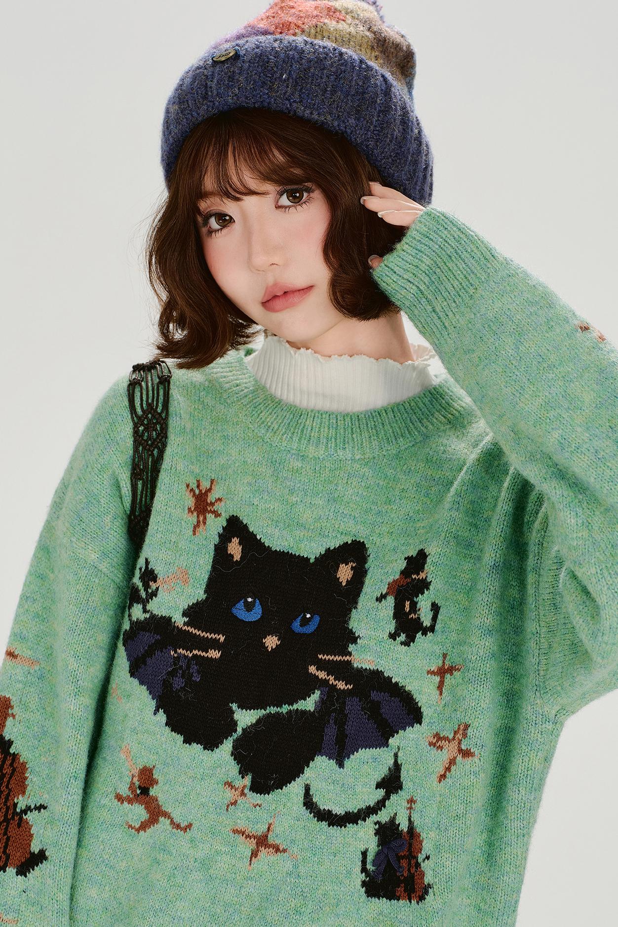 Cat Jacquard Retro Pullover Top