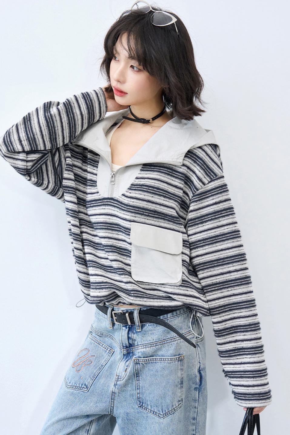 Striped Loose Hooded Cropped Top