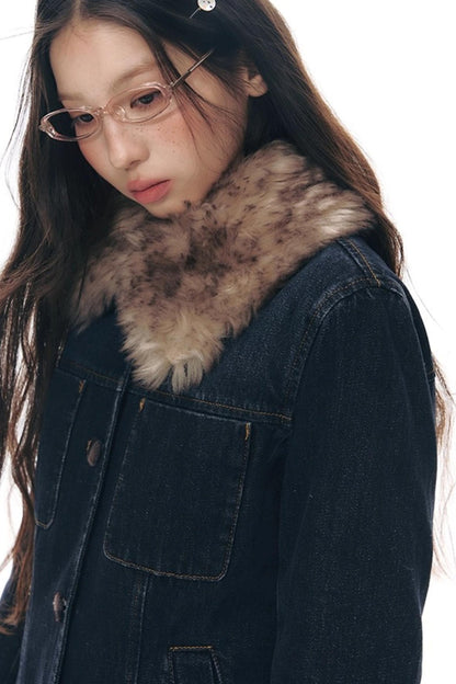 Fur Collar Denim Jacket + Skirt