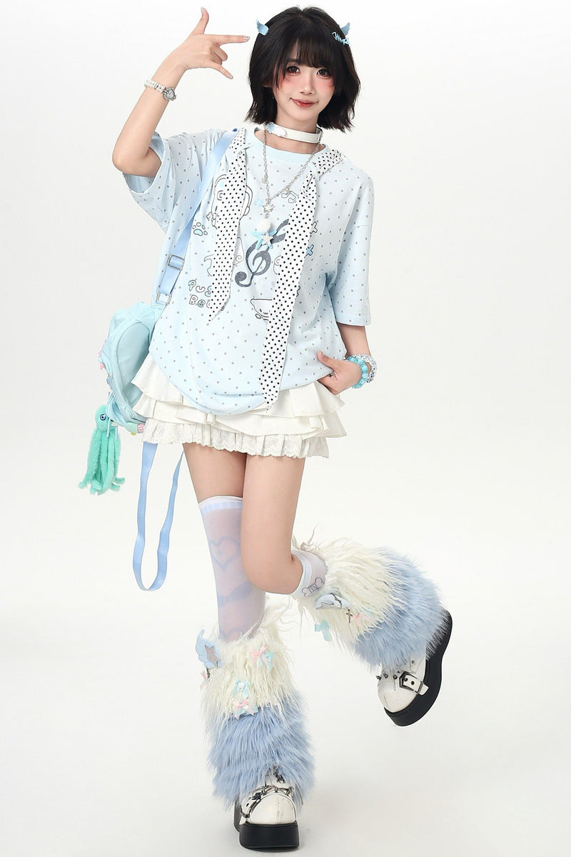 Cat Print Dot Tie Collar Loose T-shirt