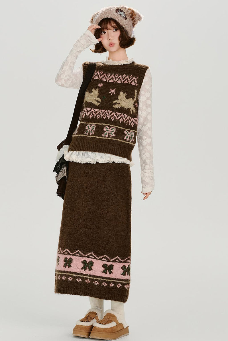 Retro Fair Isle Knit Vest + Skirt