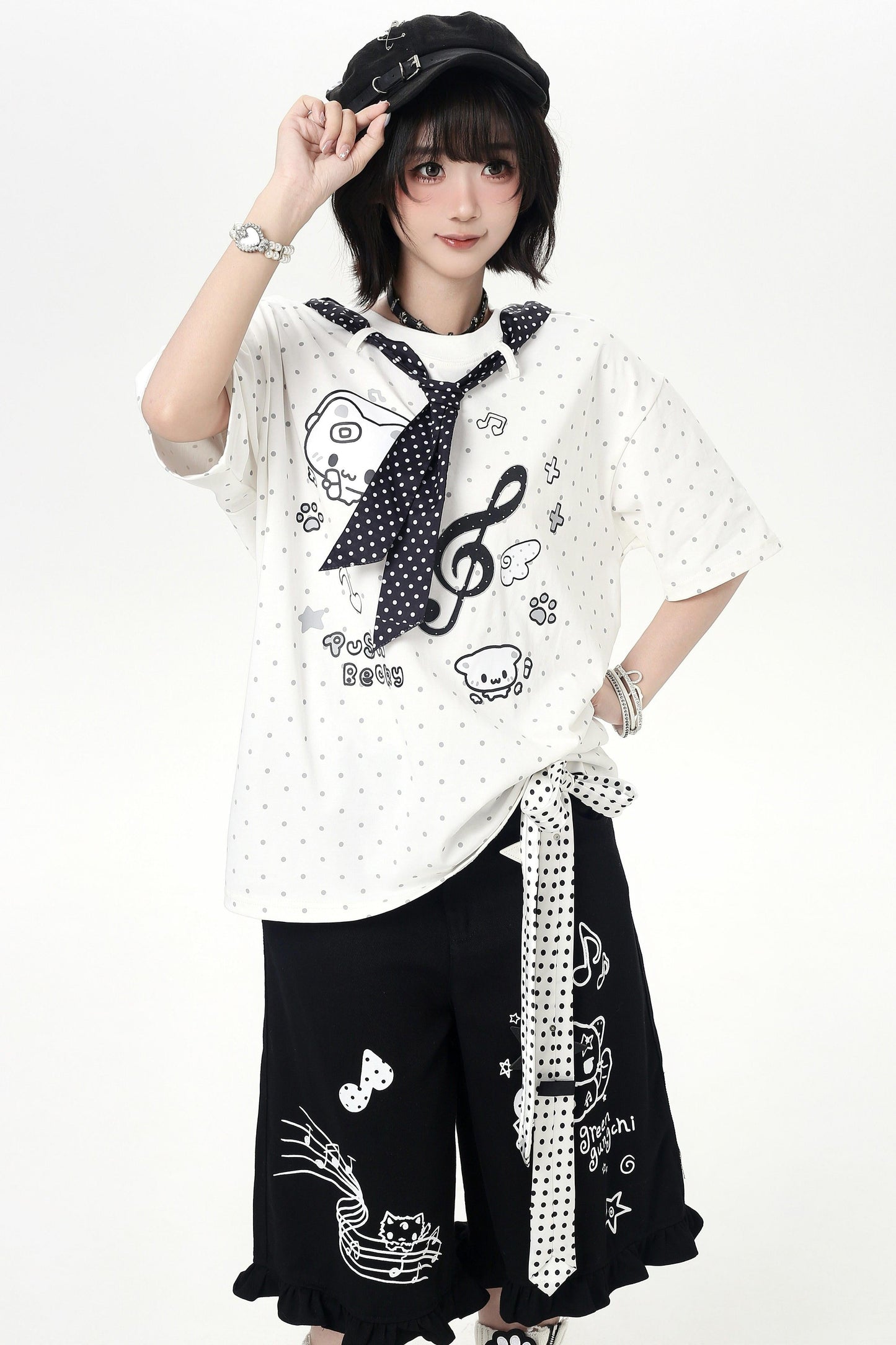 Cat Print Dot Tie Collar Loose T-shirt