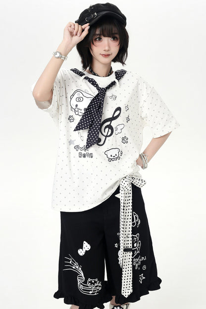 Cat Print Dot Tie Collar Loose T-shirt