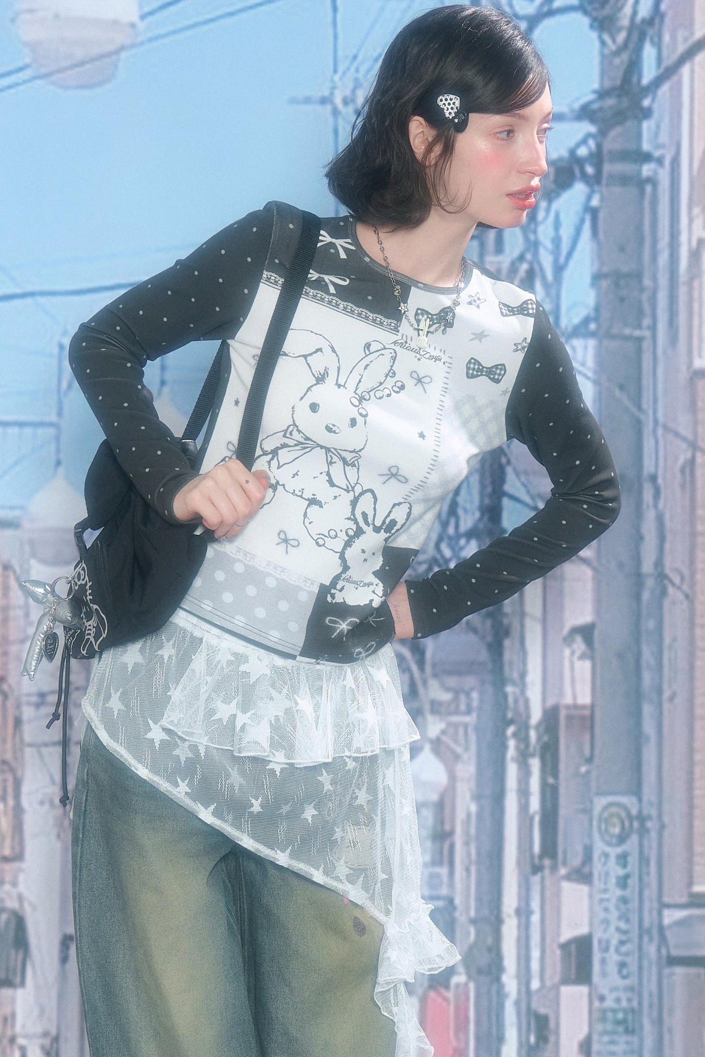 Rabbit Print Collage Contrast Top
