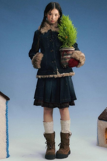 Fur Collar Denim Jacket + Skirt