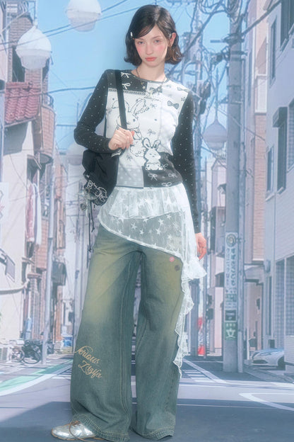 Rabbit Print Collage Contrast Top