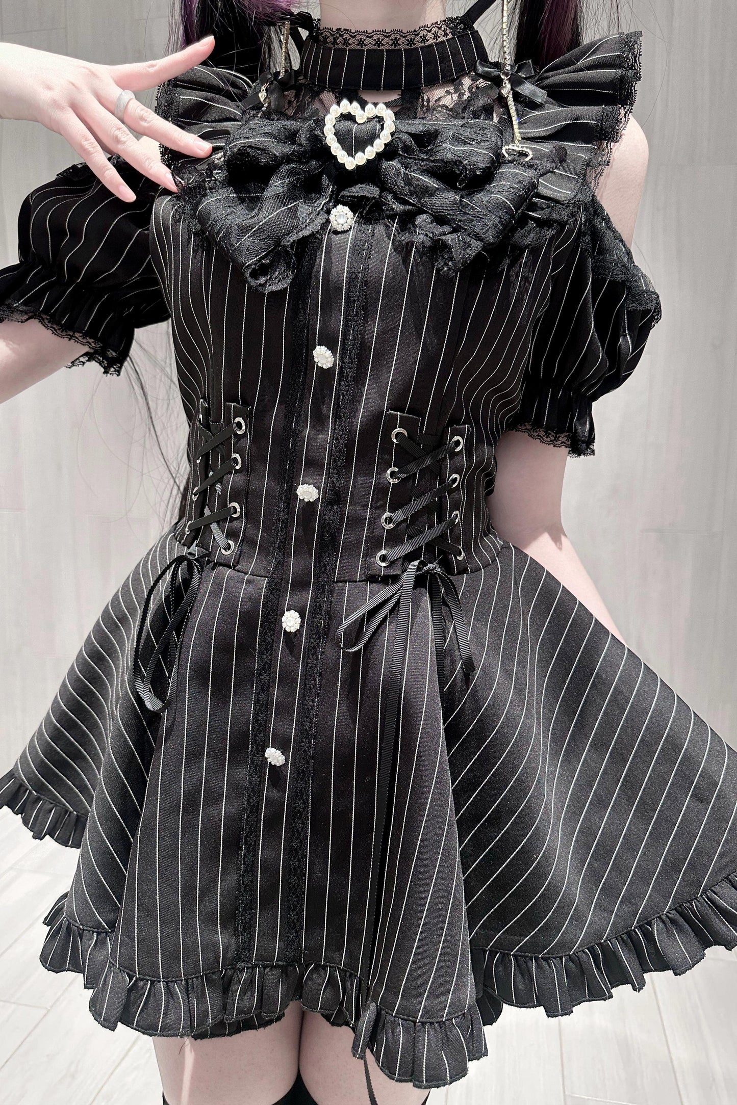 Black / Striped Gothic Lace Ribbon Dress Set