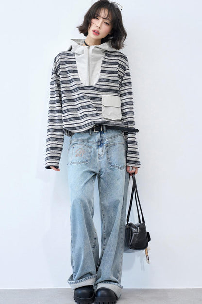 Striped Loose Hooded Cropped Top