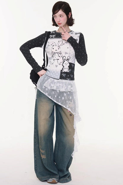 Rabbit Print Collage Contrast Top