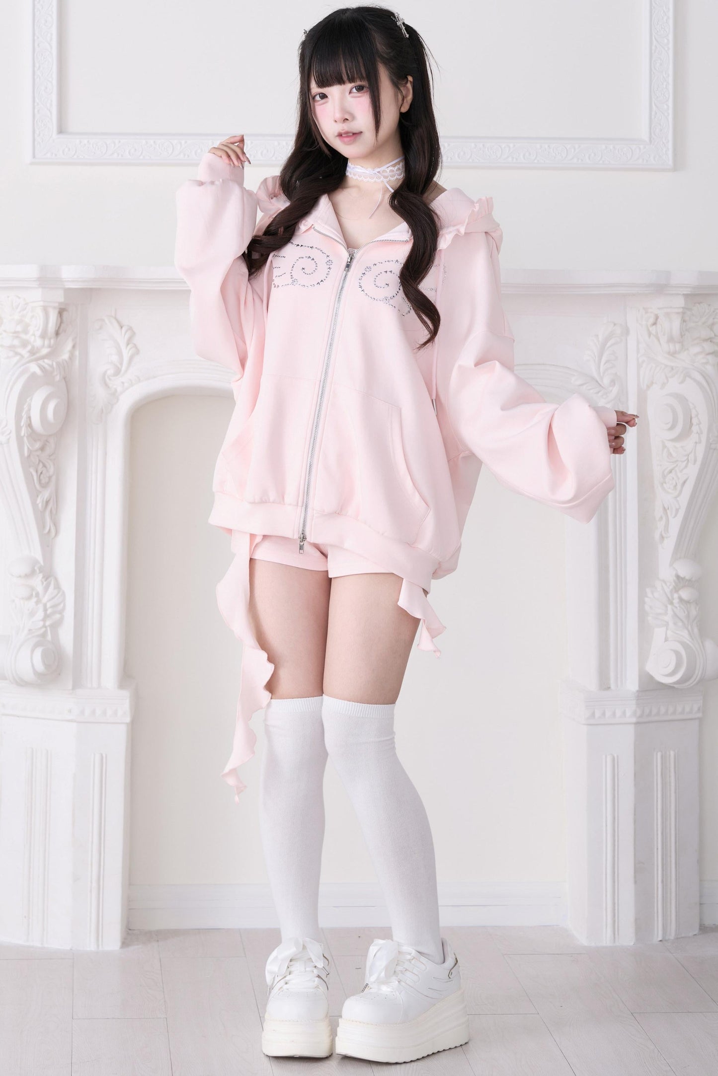Lace Subculture Hooded Sweatshirt + Camisole + Shorts + Long Pants