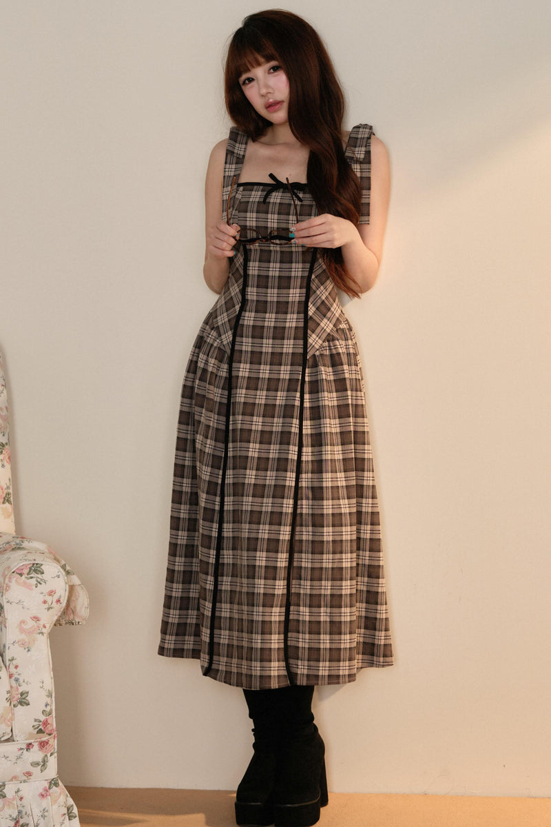 Black Top + Ribbon Shoulder Plaid Jsk Dress Set