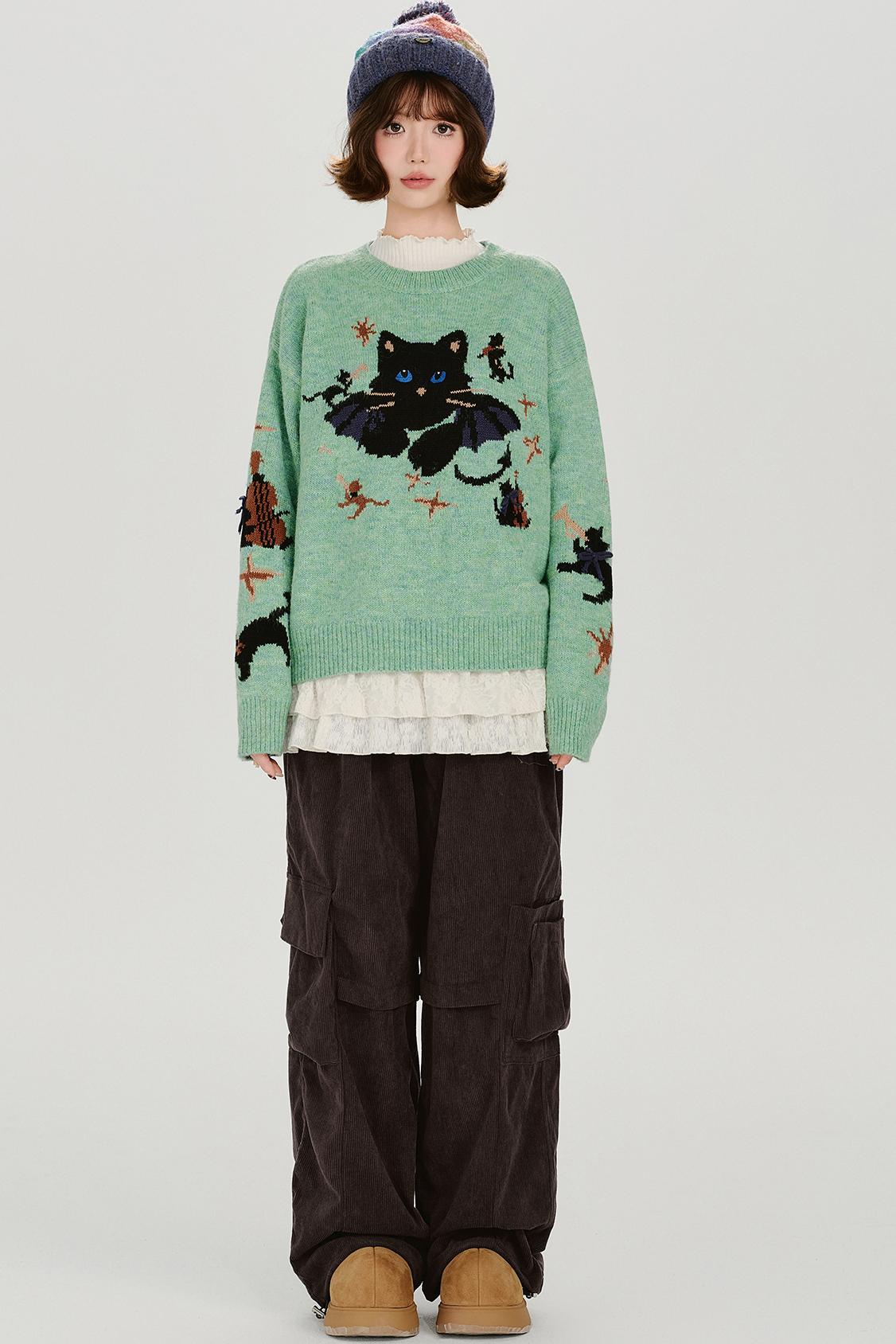 Cat Jacquard Retro Pullover Top