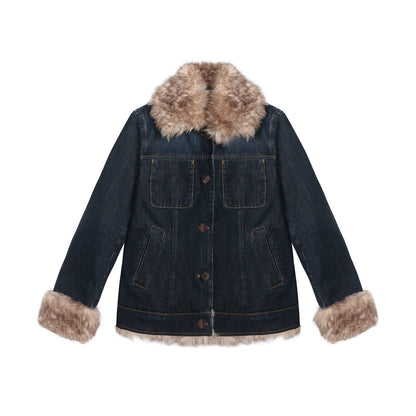 Fur Collar Denim Jacket + Skirt