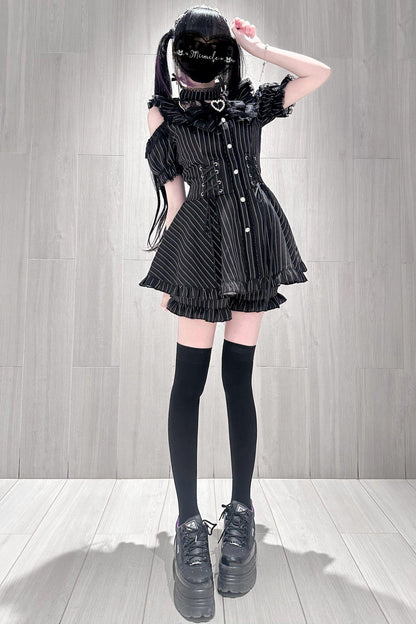 Black / Striped Gothic Lace Ribbon Dress Set