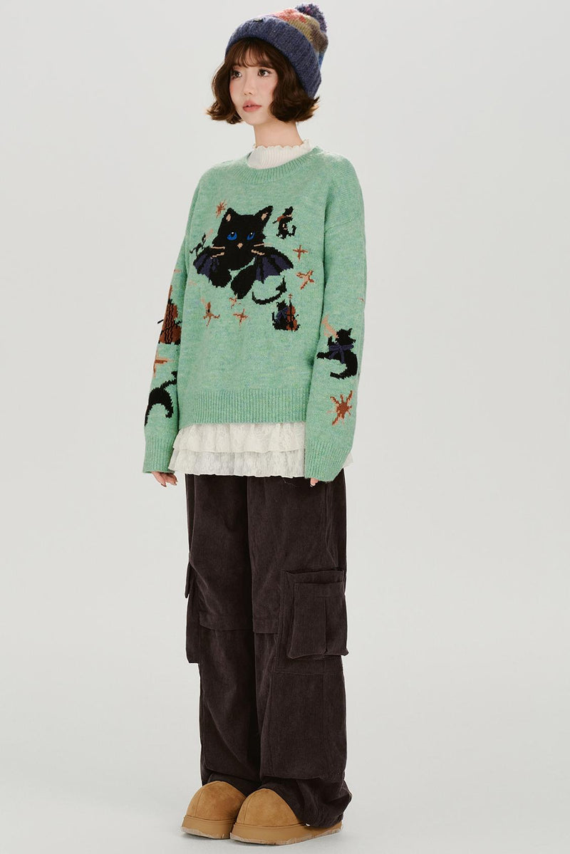Cat Jacquard Retro Pullover Top