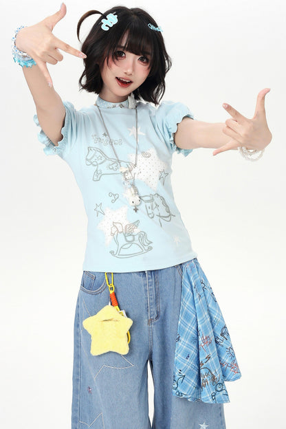 Starry Print Girly Puff Sleeve Top