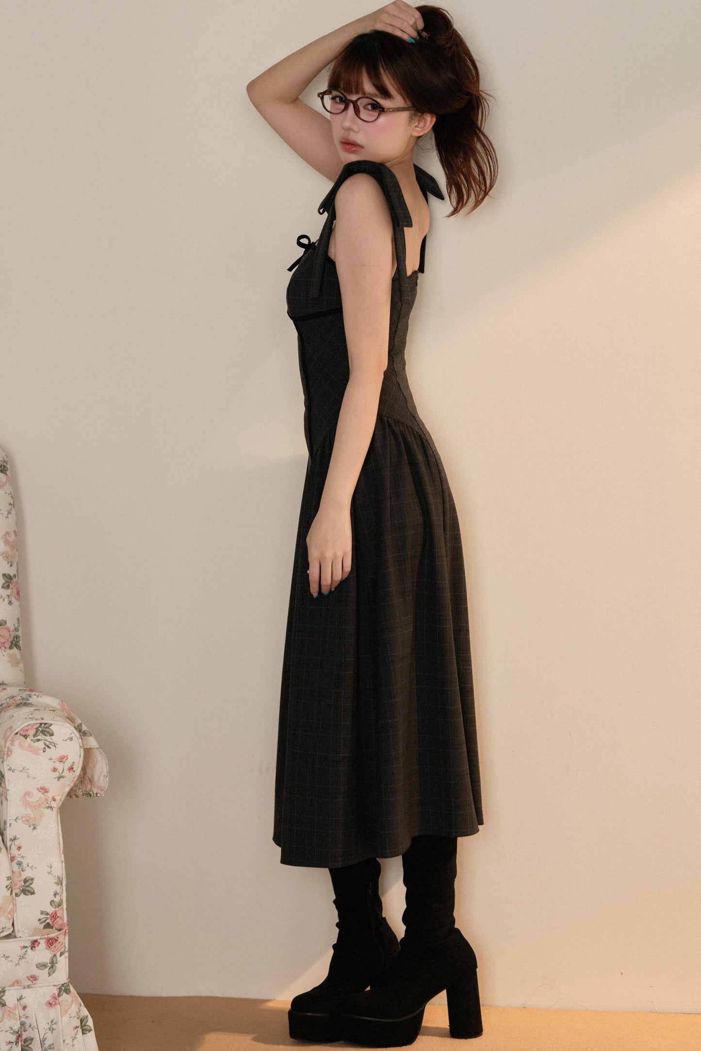 Black Top + Ribbon Shoulder Plaid Jsk Dress Set