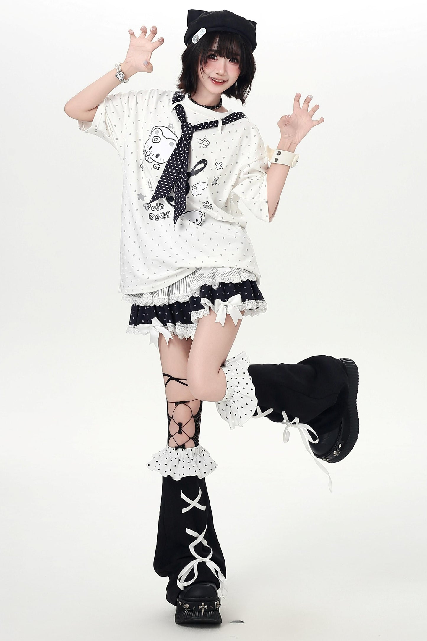 Cat Print Dot Tie Collar Loose T-shirt
