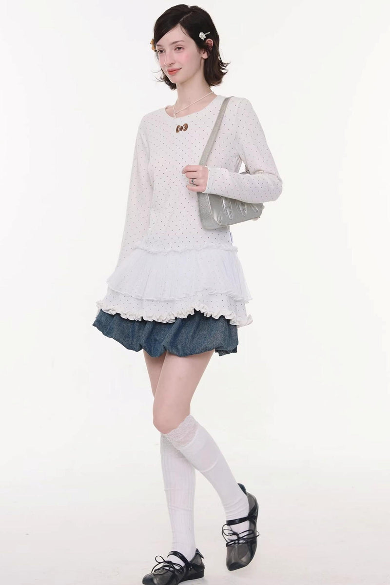 Lace Pleated Dot Top