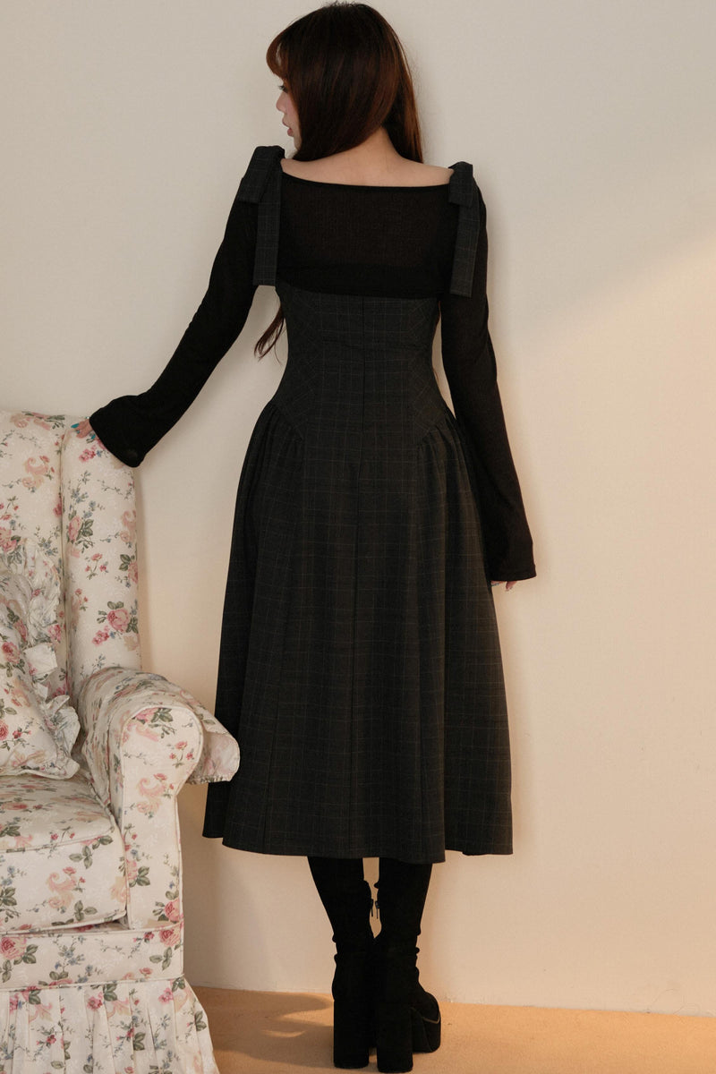 Black Top + Ribbon Shoulder Plaid Jsk Dress Set