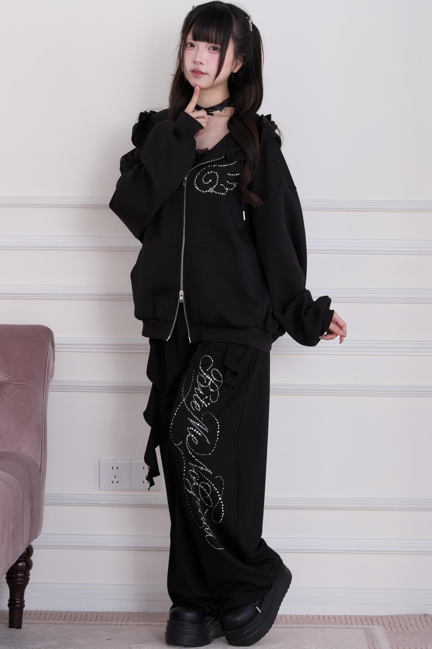 Lace Subculture Hooded Sweatshirt + Camisole + Shorts + Long Pants