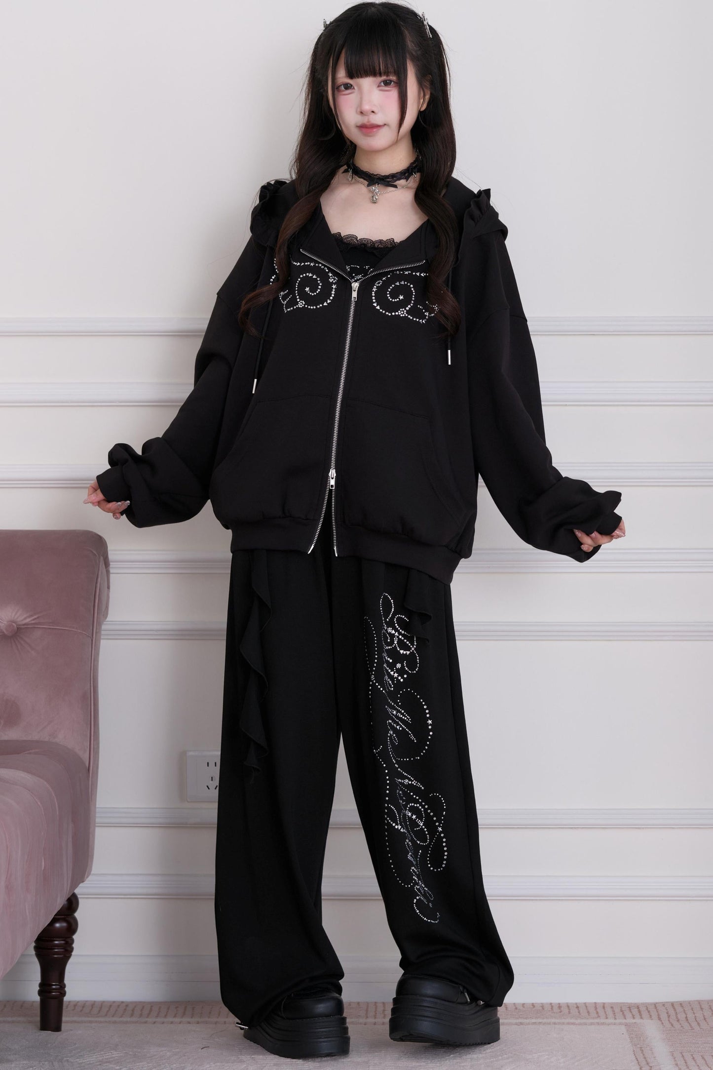 Lace Subculture Hooded Sweatshirt + Camisole + Shorts + Long Pants