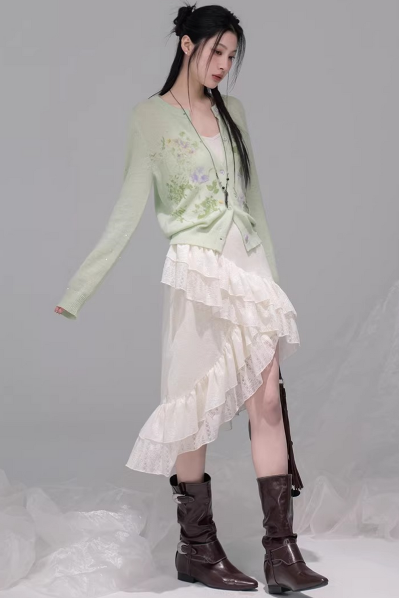 Asymmetrical Layered Ruffle Camisole Dress + Cardigan