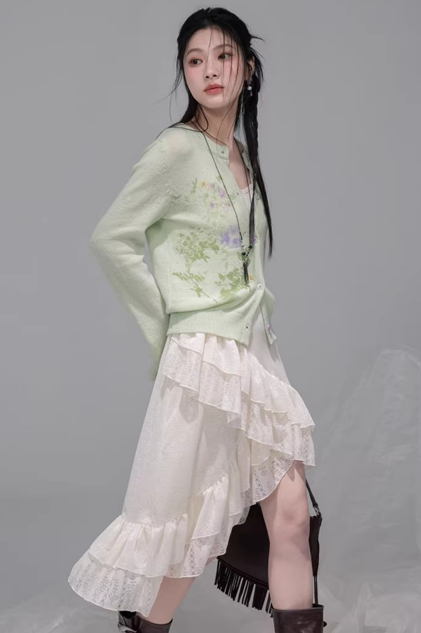 Asymmetrical Layered Ruffle Camisole Dress + Cardigan