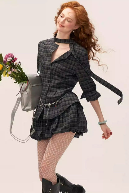 Plaid Lace-up Top + Skirt