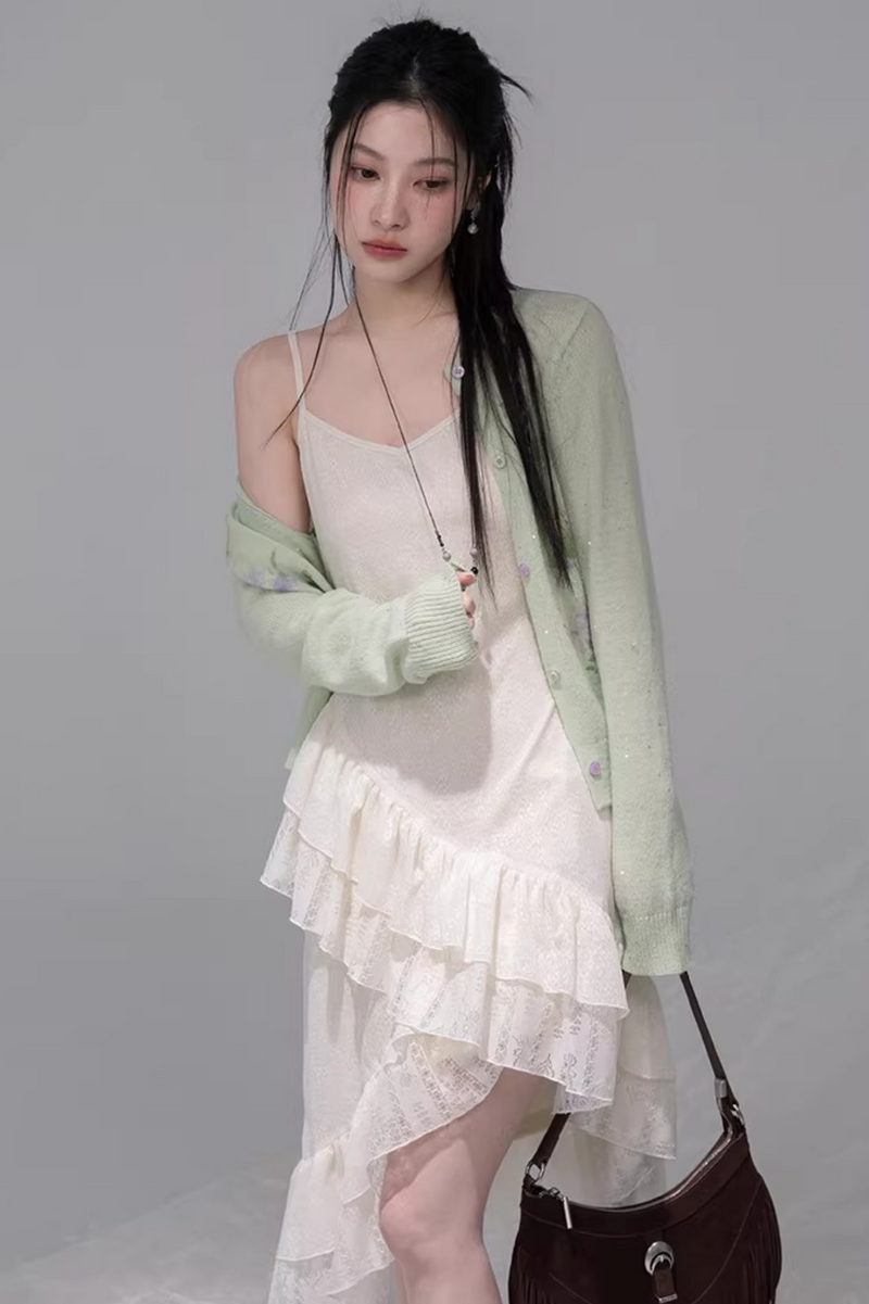Asymmetrical Layered Ruffle Camisole Dress + Cardigan