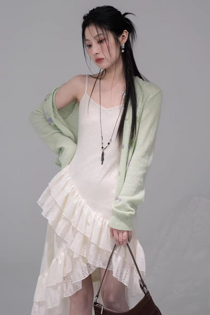 Asymmetrical Layered Ruffle Camisole Dress + Cardigan