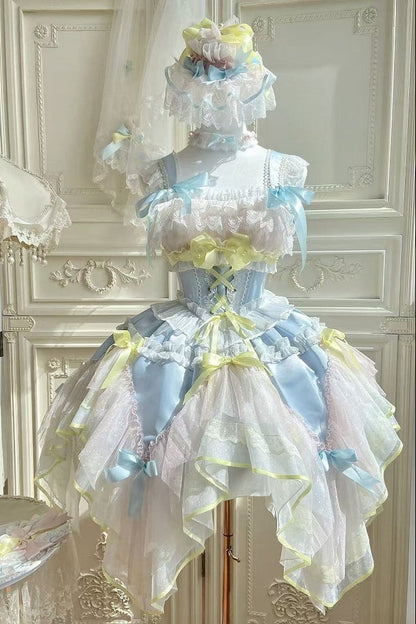 [pre-order Deadline: May 8] Pink X Green/blue X Yellow Fairy Princess Lolita Tulle Lace Bow Layered Dress