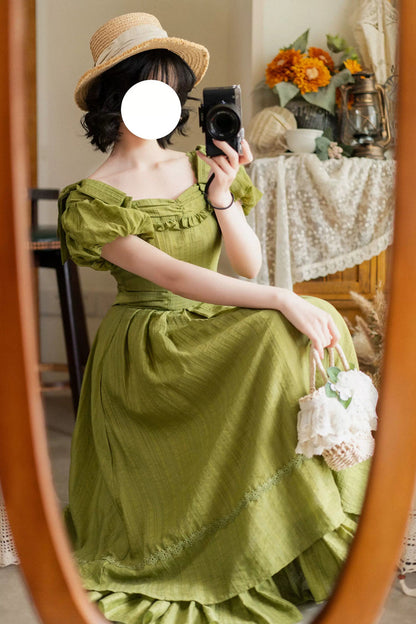 Green [forest Gallery] Square Collar Short Sleeves Ruffled Bow Classic Lolita Dress