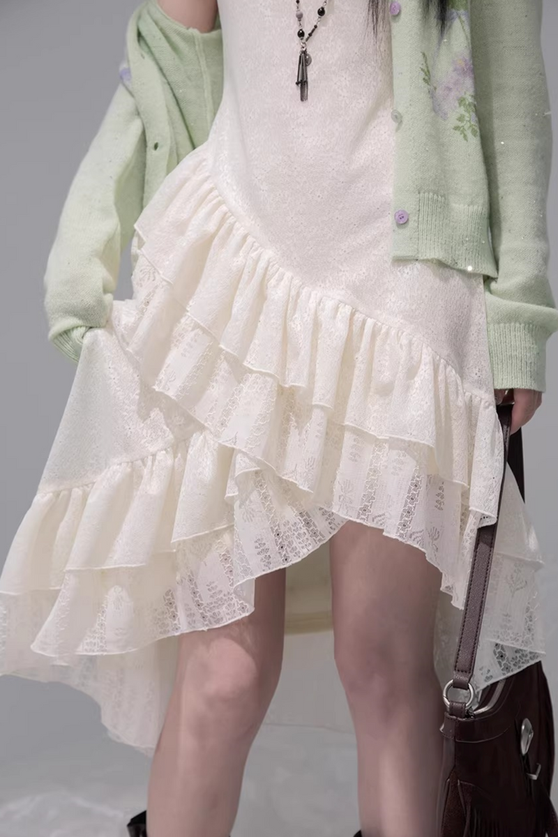 Asymmetrical Layered Ruffle Camisole Dress + Cardigan